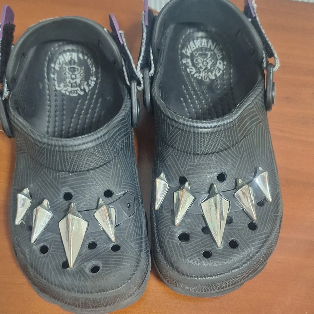 Black Panther Crocs Black Kids Shoes with Silver Spikes Sz.1